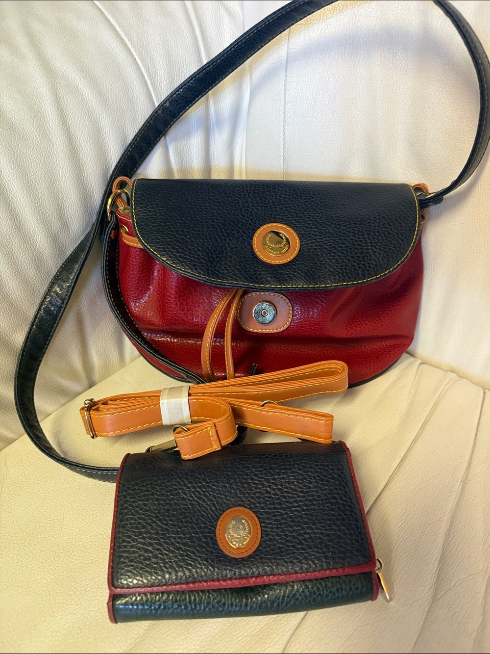 Black and Red Leather Crossbody Bag with Matching Wallet